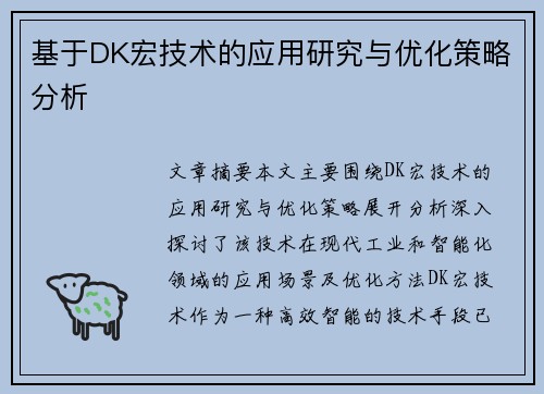 基于DK宏技术的应用研究与优化策略分析